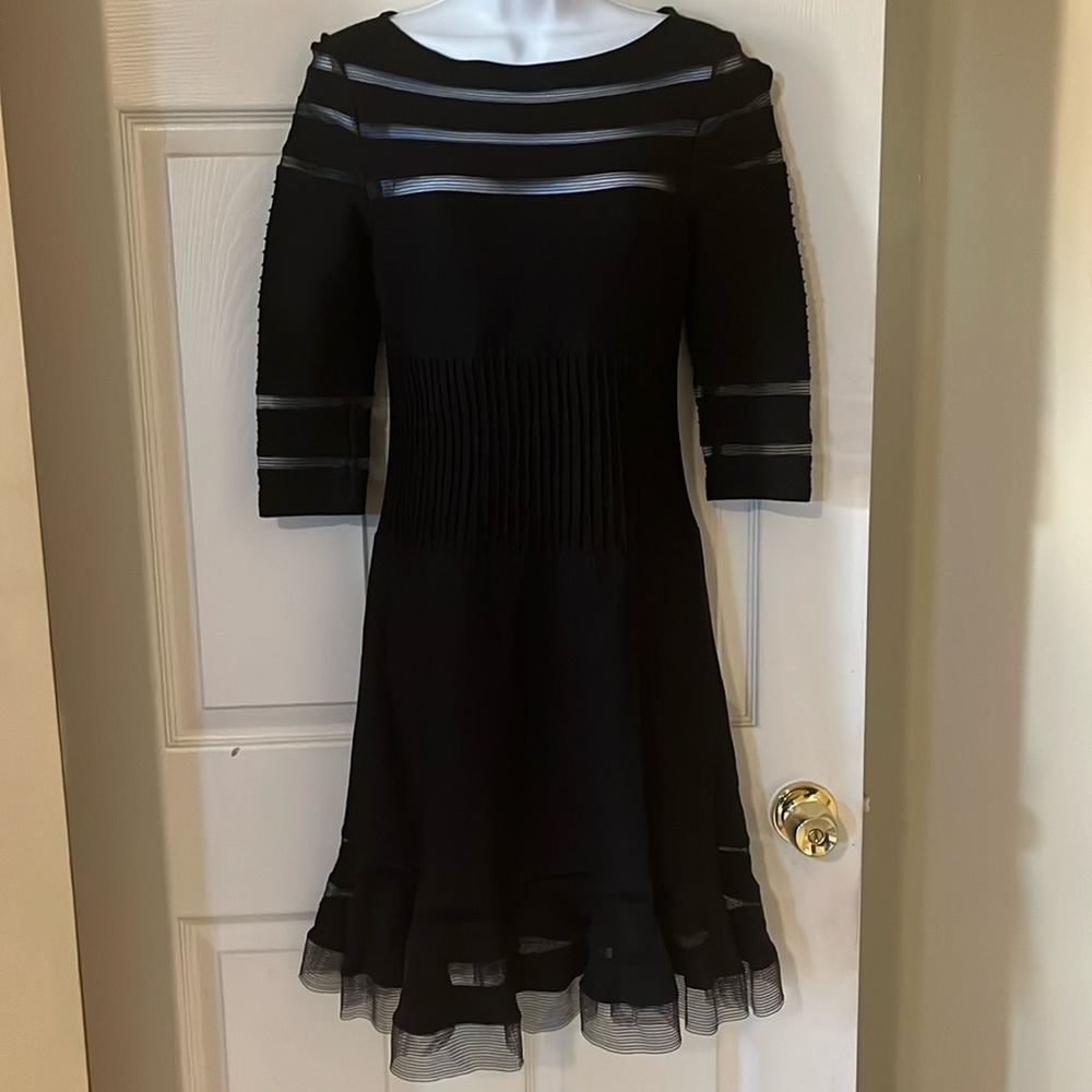 TADASHI SHOJI Dress Size SP Black Pintuck Jersey Sheer Mesh